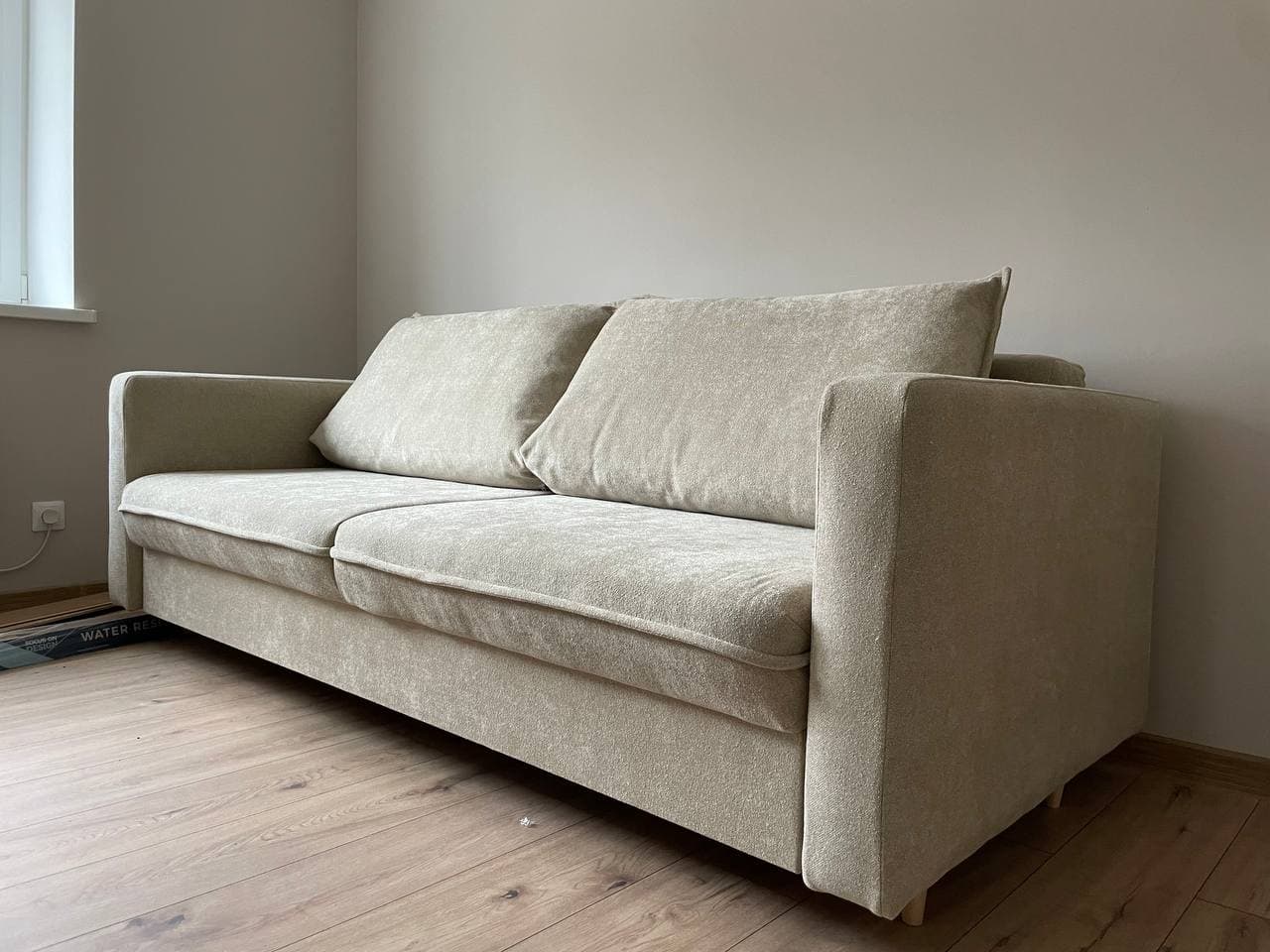 Straight sofa, beige fabric, light legs
