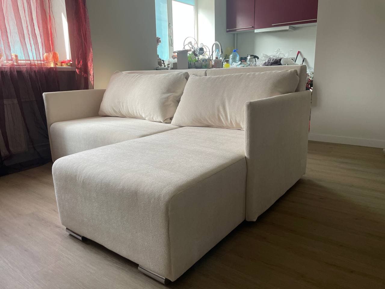 Corner sofa, light fabric, chrome legs