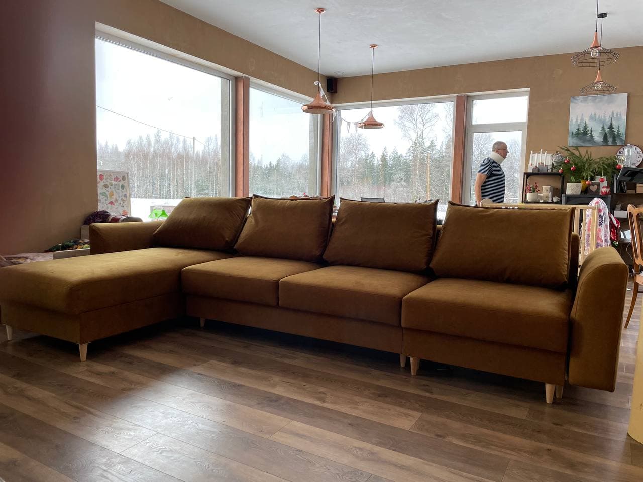 Corner sofa, brown fabric, light legs