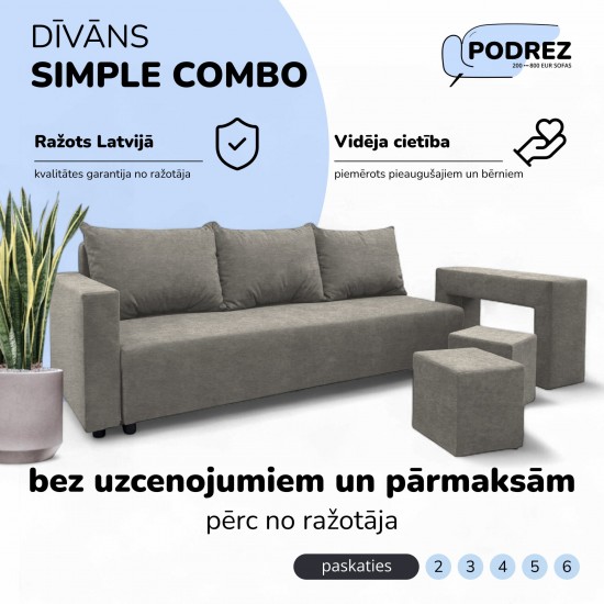 Double sofa bed bed with table and poufs Light gray