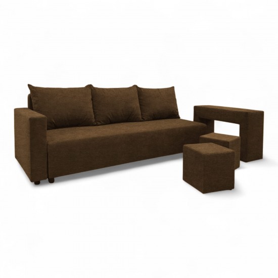Double sofa bed bed with table and poufs Brown