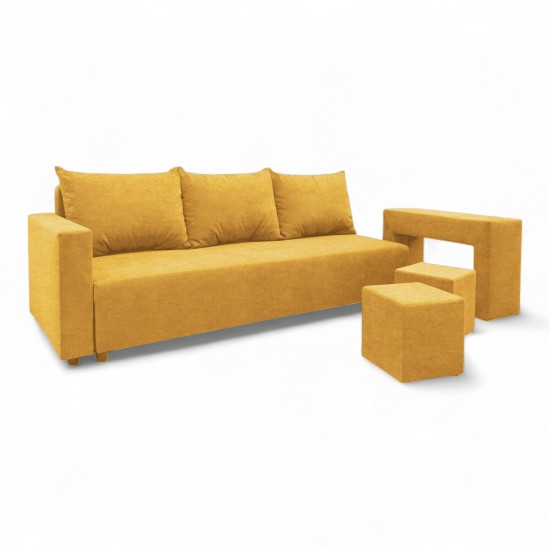 Double sofa bed bed with table and poufs Yellow
