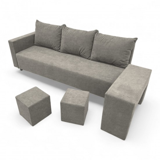 Double sofa bed bed with table and poufs Light gray