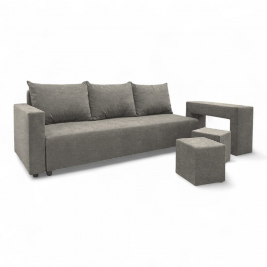 Double sofa bed bed with table and poufs Light gray