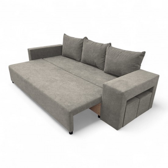 Double sofa bed bed with table and poufs Light gray