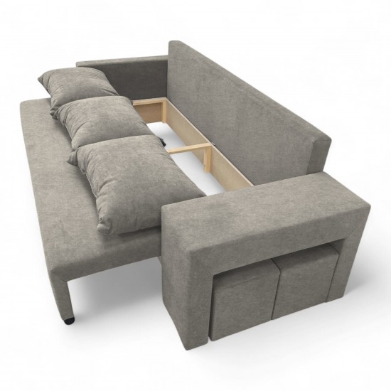 Double sofa bed bed with table and poufs Light gray