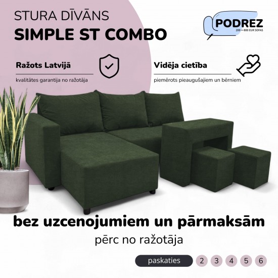 Stūra izvelkams dīvāns ar galdiņu un pufiem Tirkīza zaļa