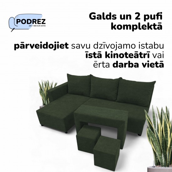 Stūra izvelkams dīvāns ar galdiņu un pufiem Tirkīza zaļa