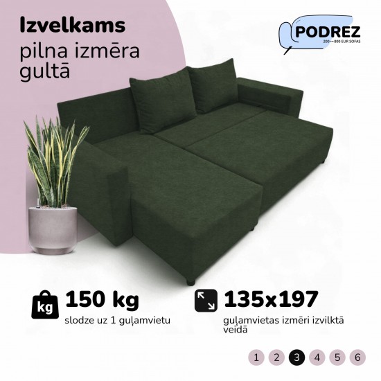 Stūra izvelkams dīvāns ar galdiņu un pufiem Tirkīza zaļa