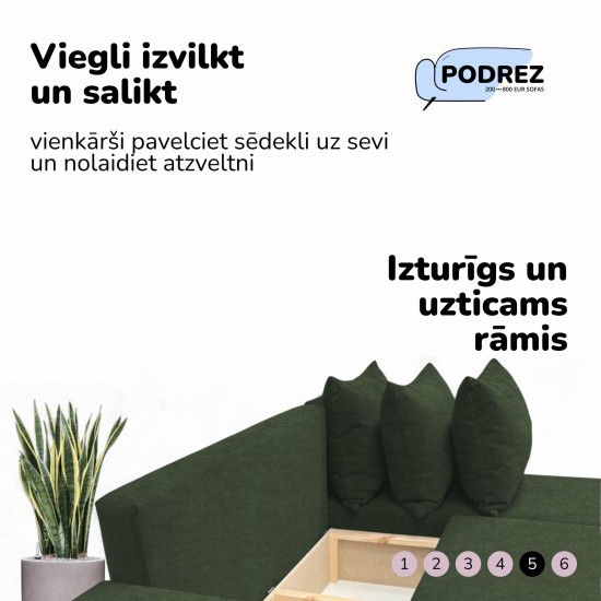 Stūra izvelkams dīvāns ar galdiņu un pufiem Tirkīza zaļa