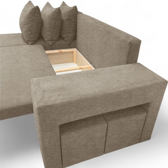 Corner sofa bed bed with table and poufs Beige