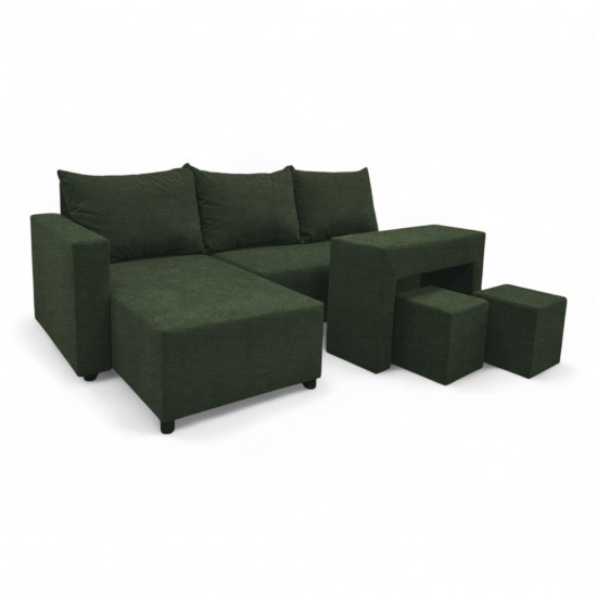 Stūra izvelkams dīvāns ar galdiņu un pufiem Tirkīza zaļa