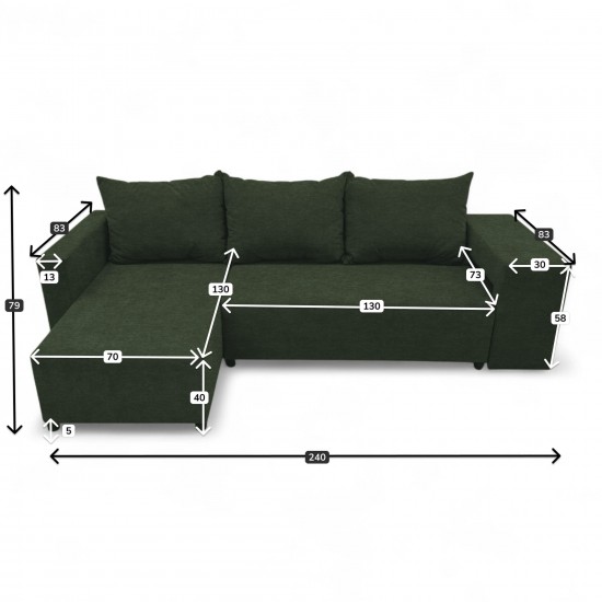 Stūra izvelkams dīvāns ar galdiņu un pufiem Tirkīza zaļa