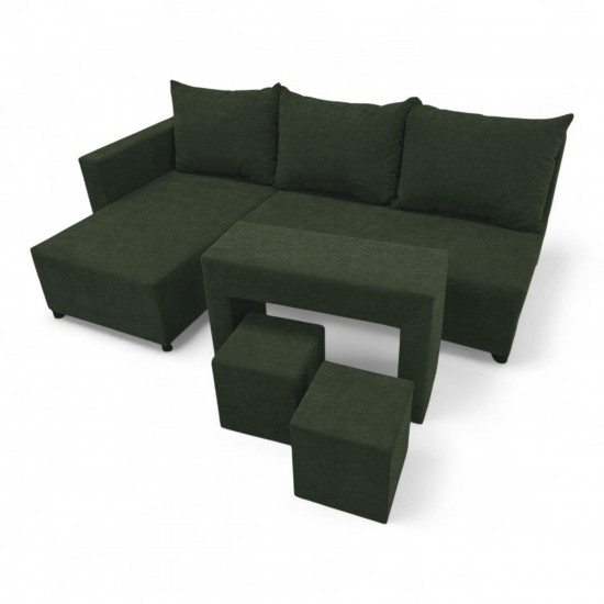 Stūra izvelkams dīvāns ar galdiņu un pufiem Tirkīza zaļa