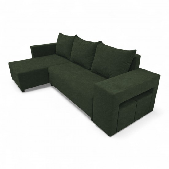 Stūra izvelkams dīvāns ar galdiņu un pufiem Tirkīza zaļa