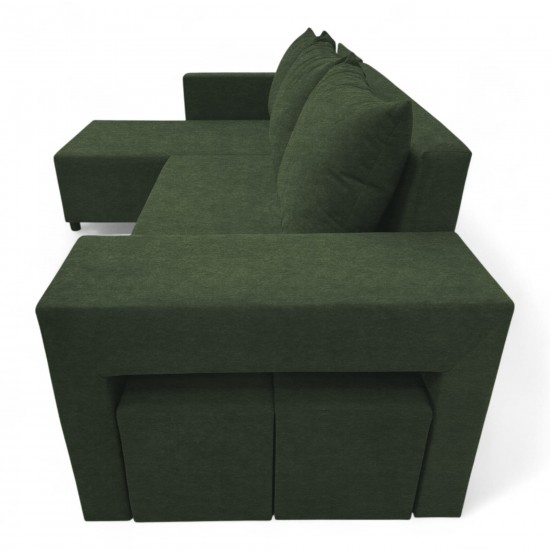 Stūra izvelkams dīvāns ar galdiņu un pufiem Tirkīza zaļa