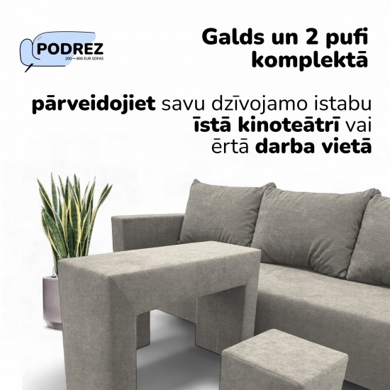 Divvietīgs izvelkamais dīvāns ar galdiņu un pufiem Simple X Combo Gaiši pelēka