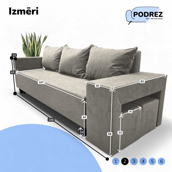 Divvietīgs izvelkamais dīvāns ar galdiņu un pufiem Simple X Combo Gaiši pelēka