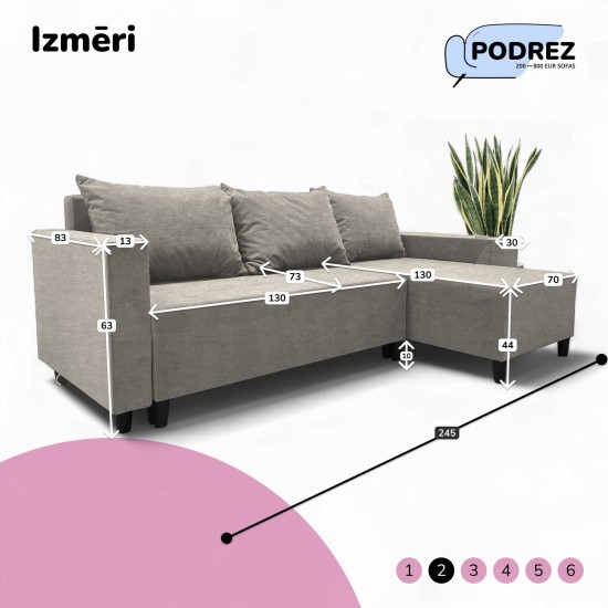 Stūra izvelkamais dīvāns ar galdiņu un pufiem Simple X St Combo Gaiši pelēka