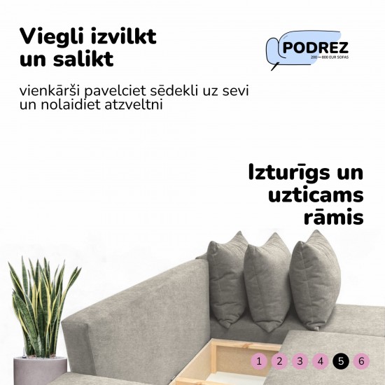 Stūra izvelkamais dīvāns ar galdiņu un pufiem Simple X St Combo Gaiši pelēka