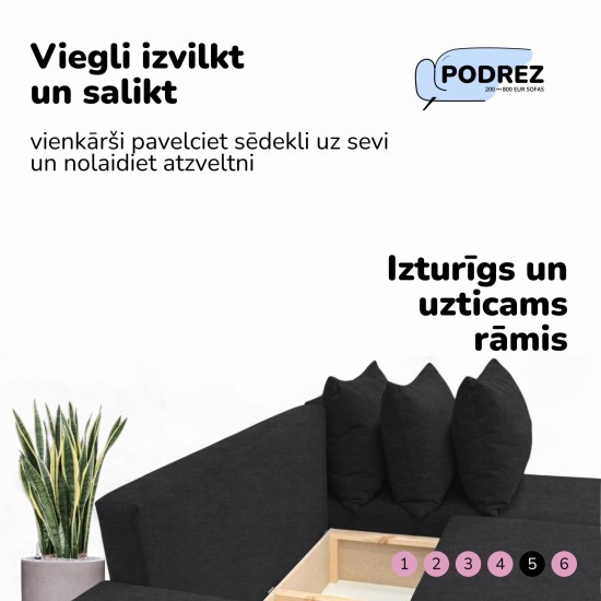 Stūra izvelkamais dīvāns ar galdiņu un pufiem Simple X St Combo Grafīta