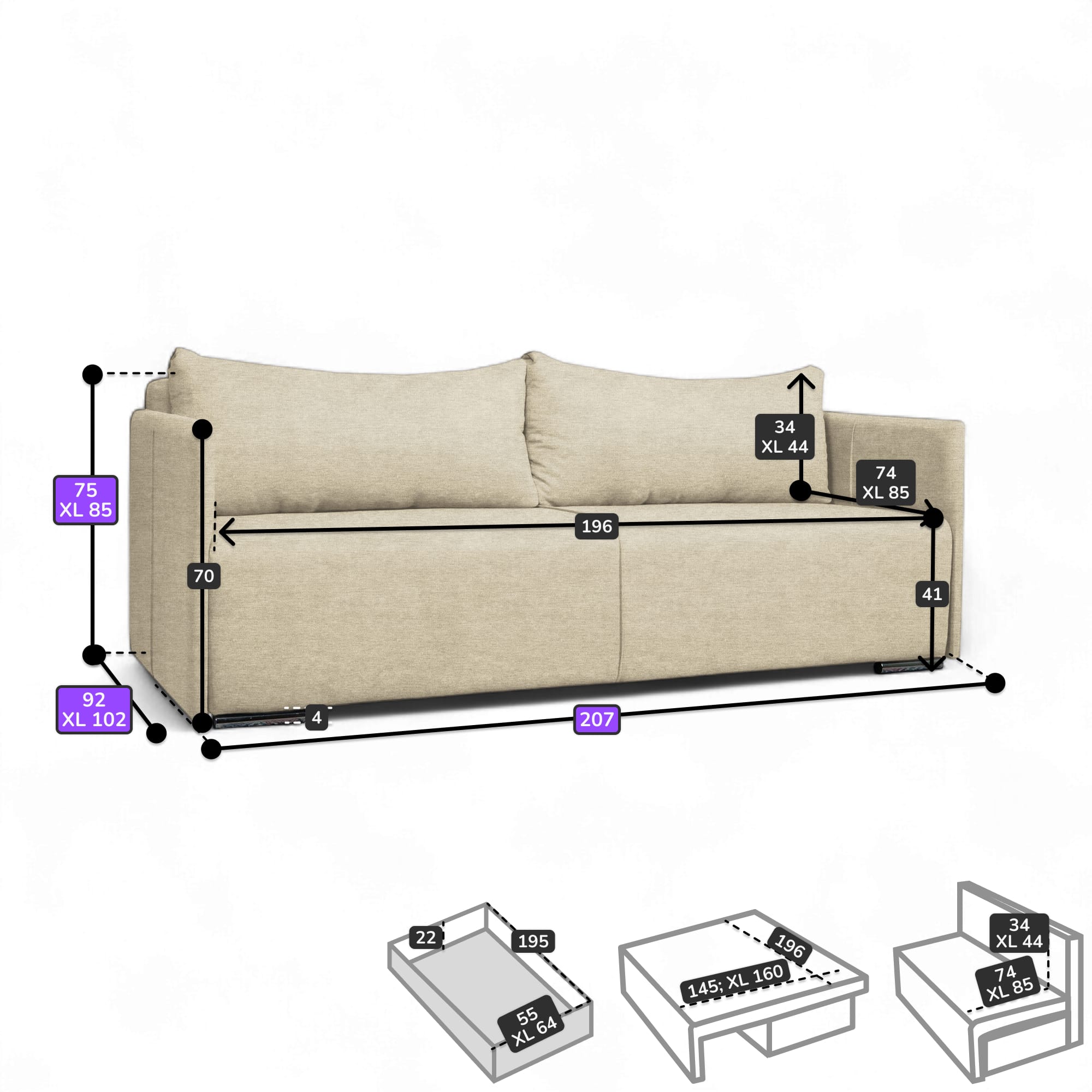 Dīvāns–Gulta Deka divans Gaiši pelēka Standart (145cm) - 2