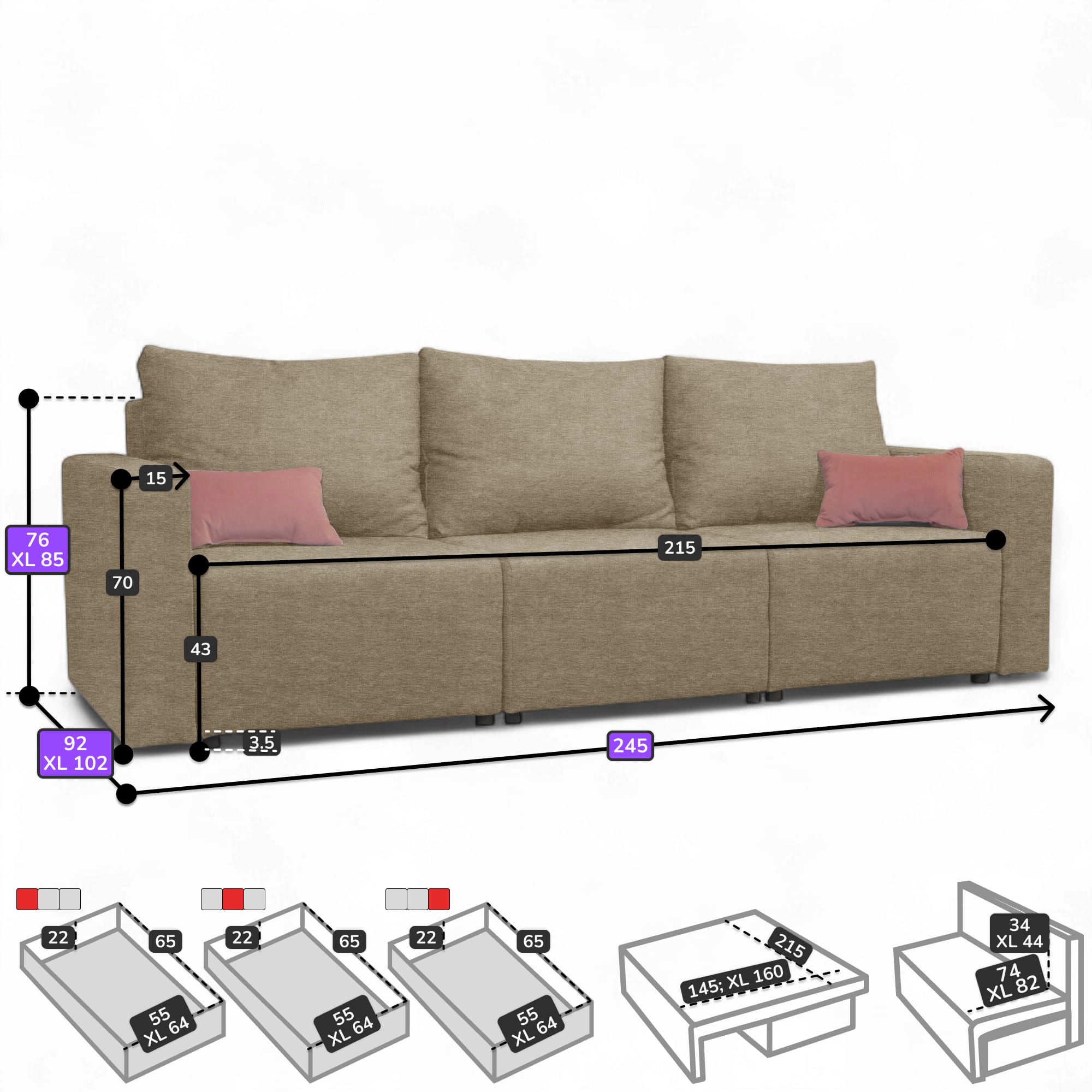 Moduļu dīvāns Modul 2400 Bēšs-pelēks Standart (145cm) - 2