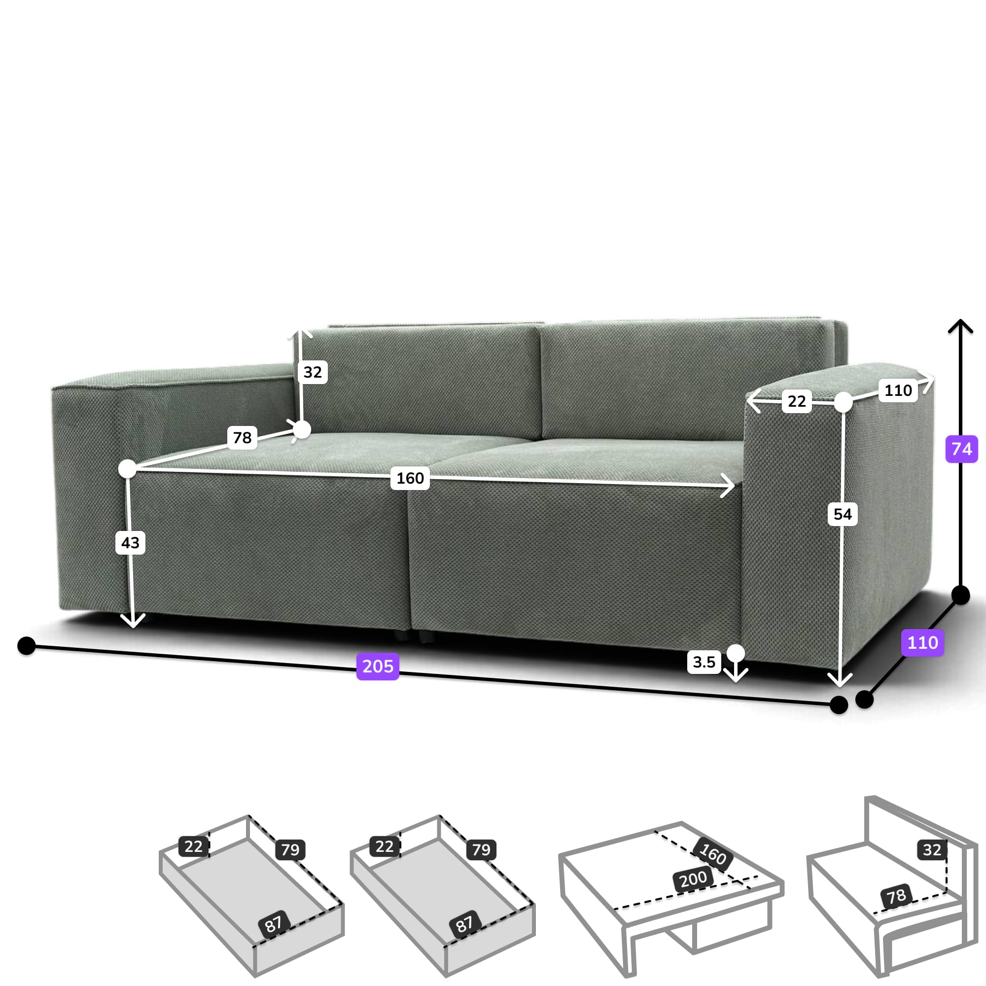 Neo Lux modular sofa bed with bedding storage, dark gray — dimensions diagram