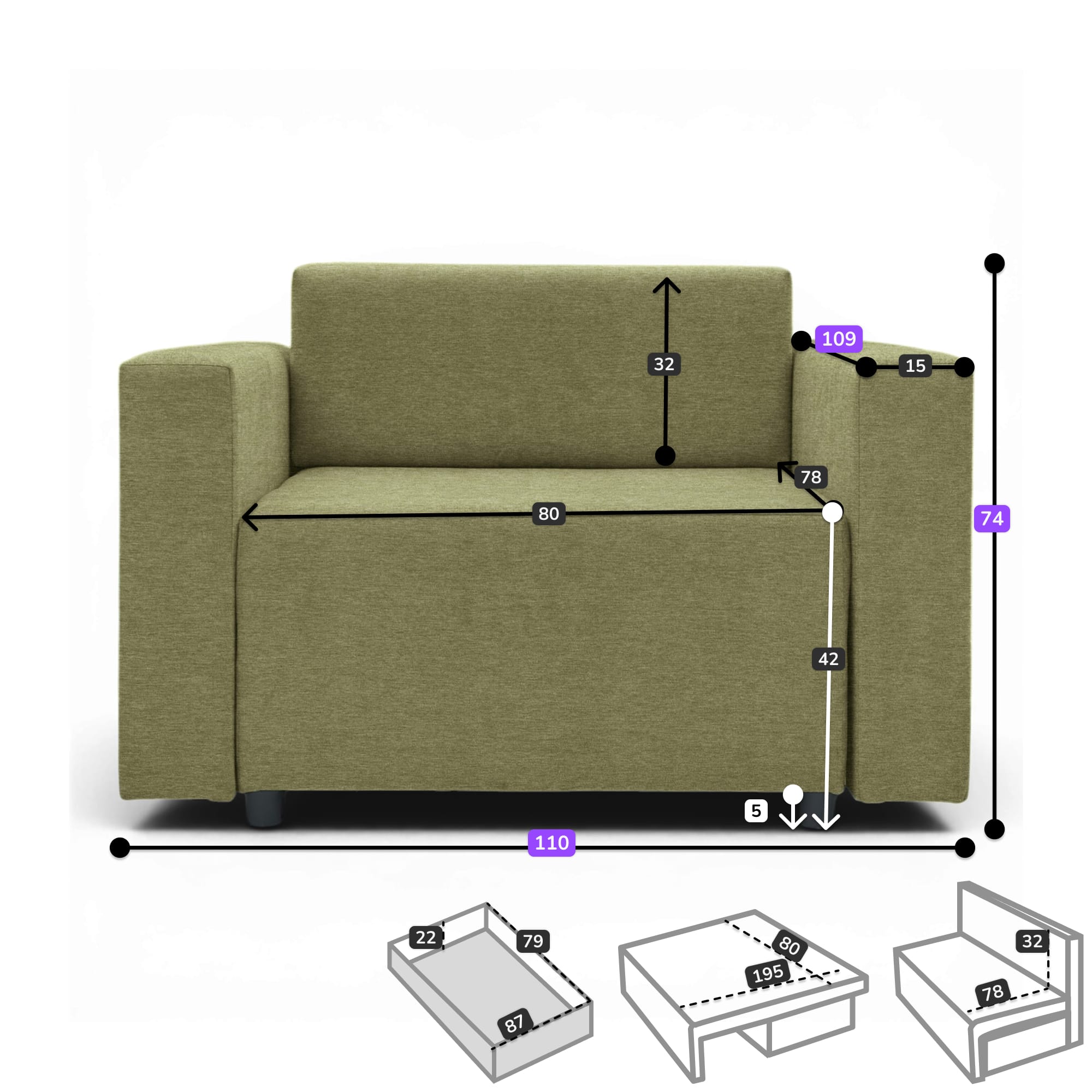 Neo modular folding armchair bed with storage drawer, light gray — photo 3