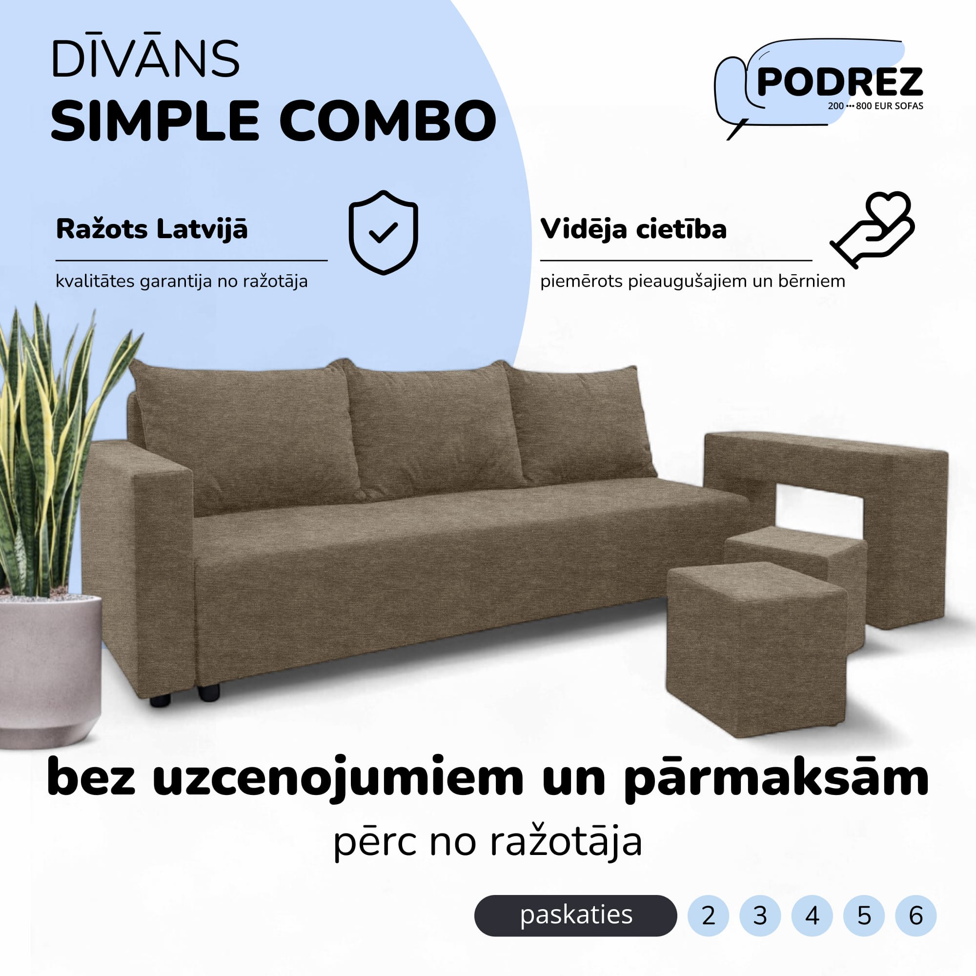 Divvietīgs izvelkamais dīvāns ar galdiņu un pufiem Bēša - 1