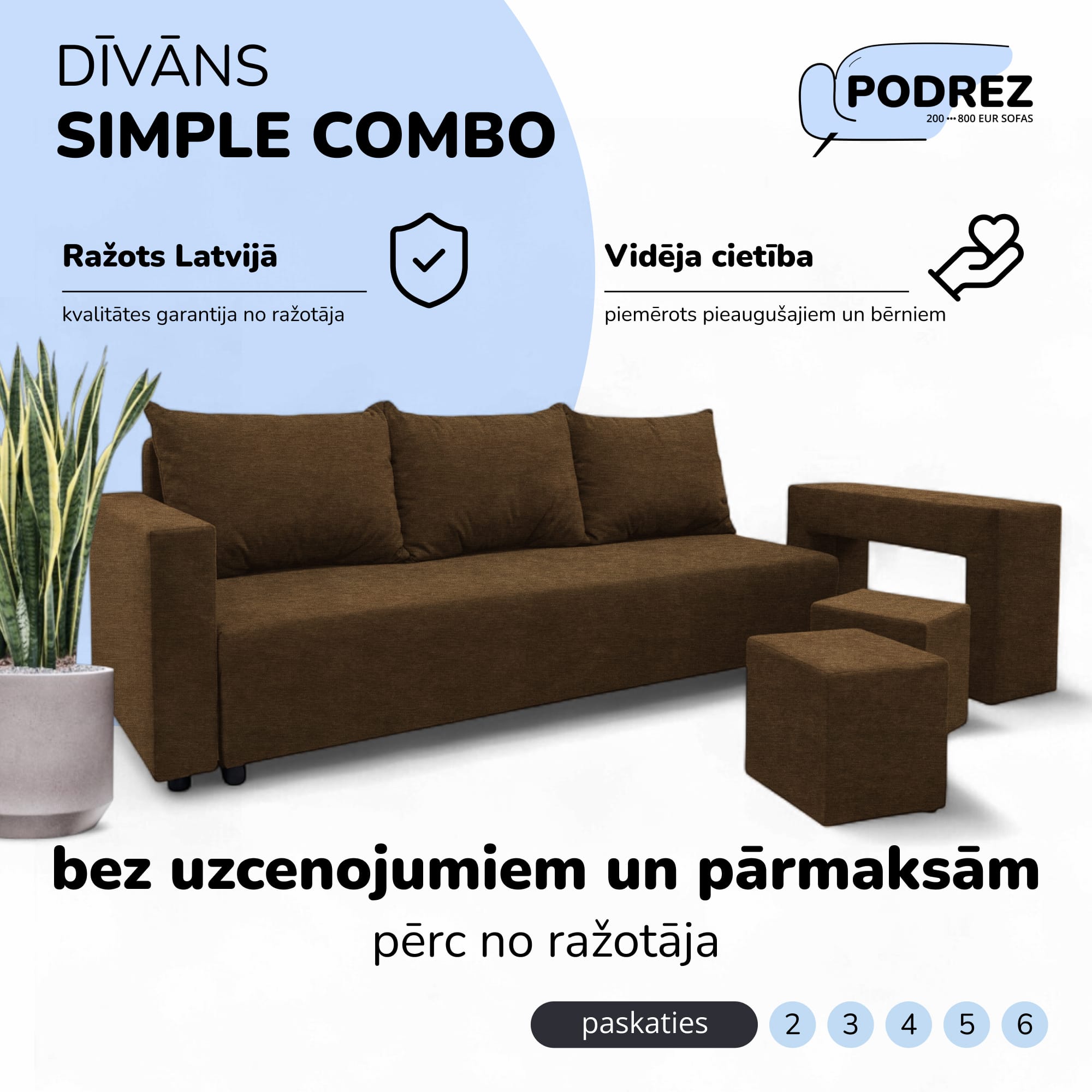 Divvietīgs izvelkamais dīvāns ar galdiņu un pufiem Brūna - 1