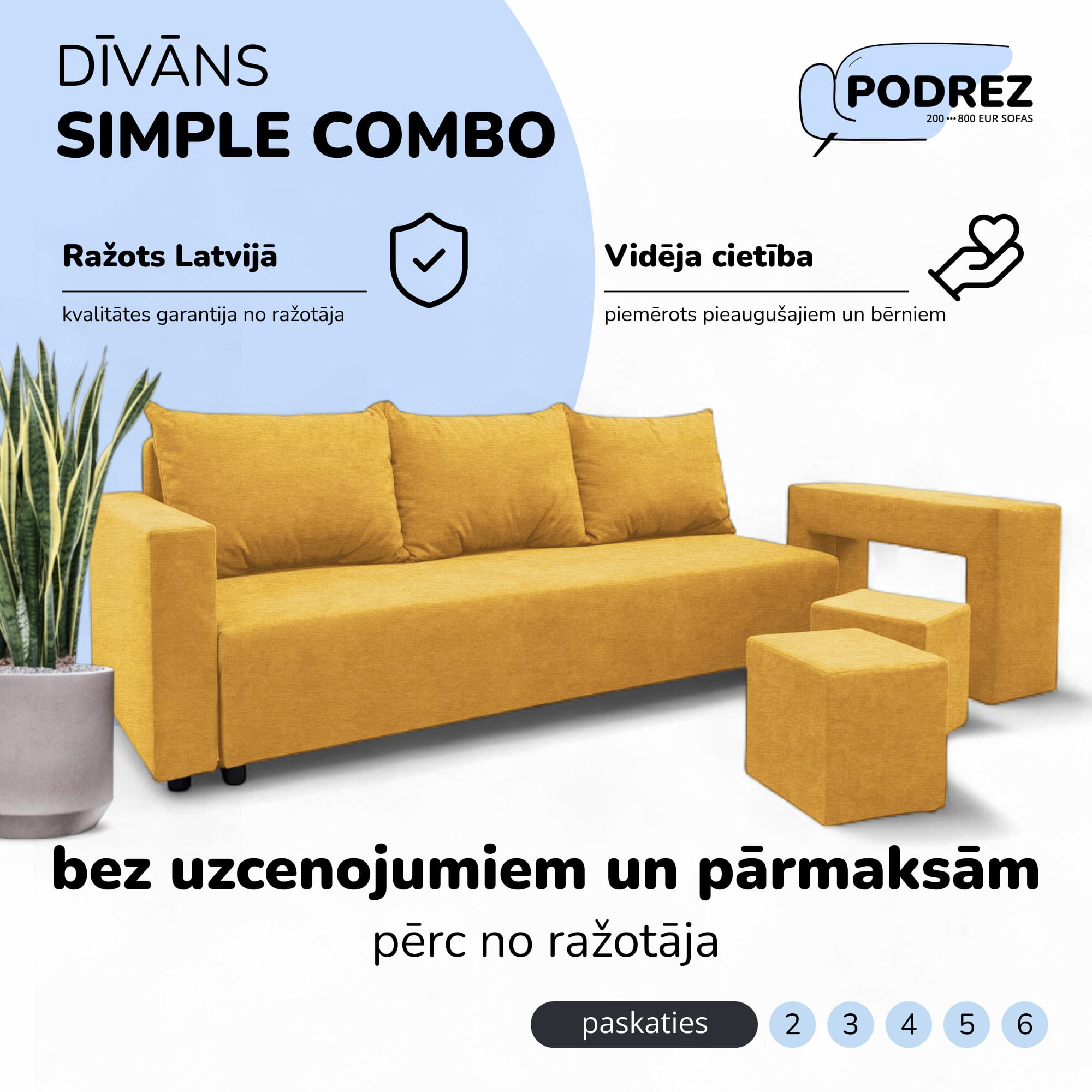 Divvietīgs izvelkamais dīvāns ar galdiņu un pufiem Dzeltena - 1