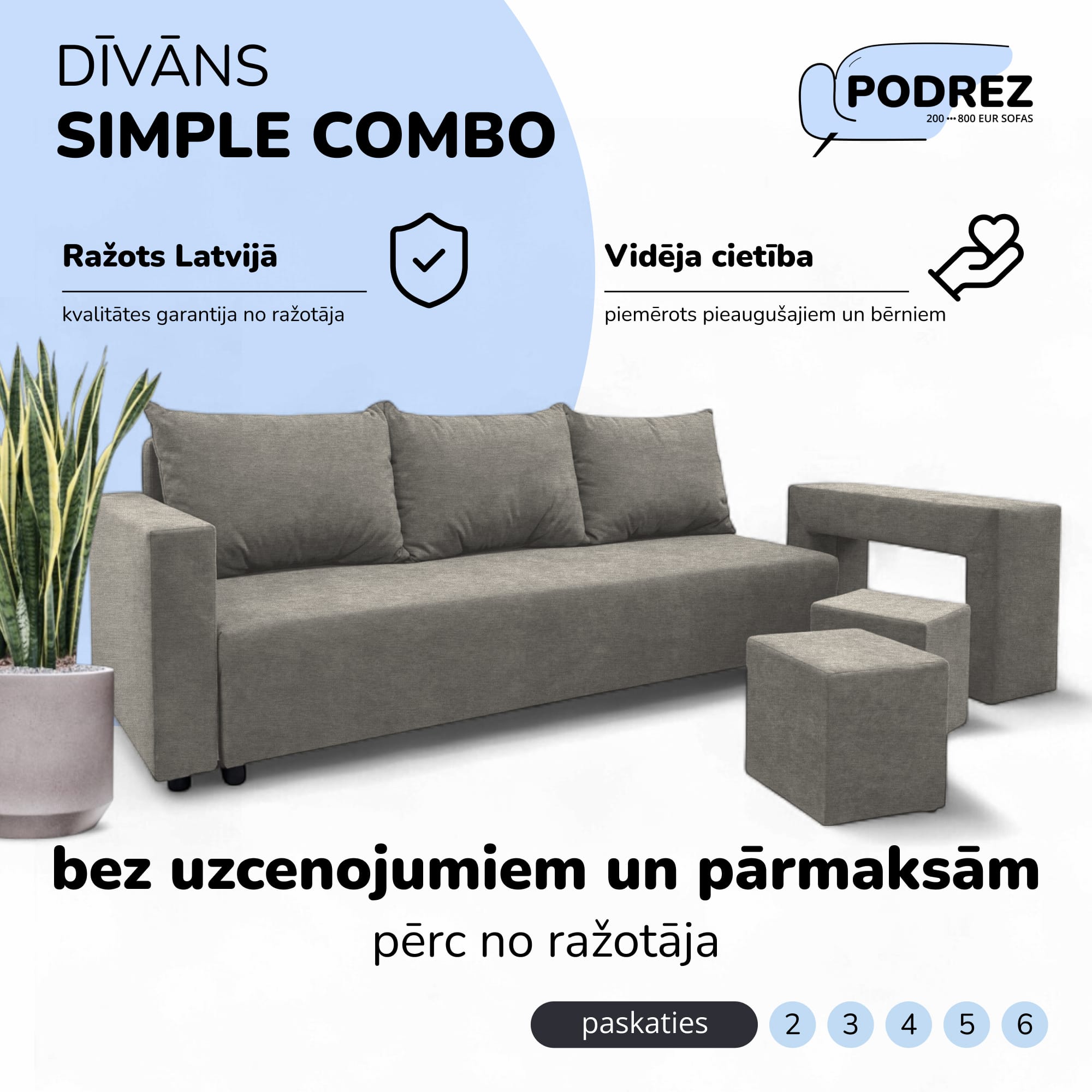 Divvietīgs izvelkamais dīvāns ar galdiņu un pufiem Gaiši pelēka - 1