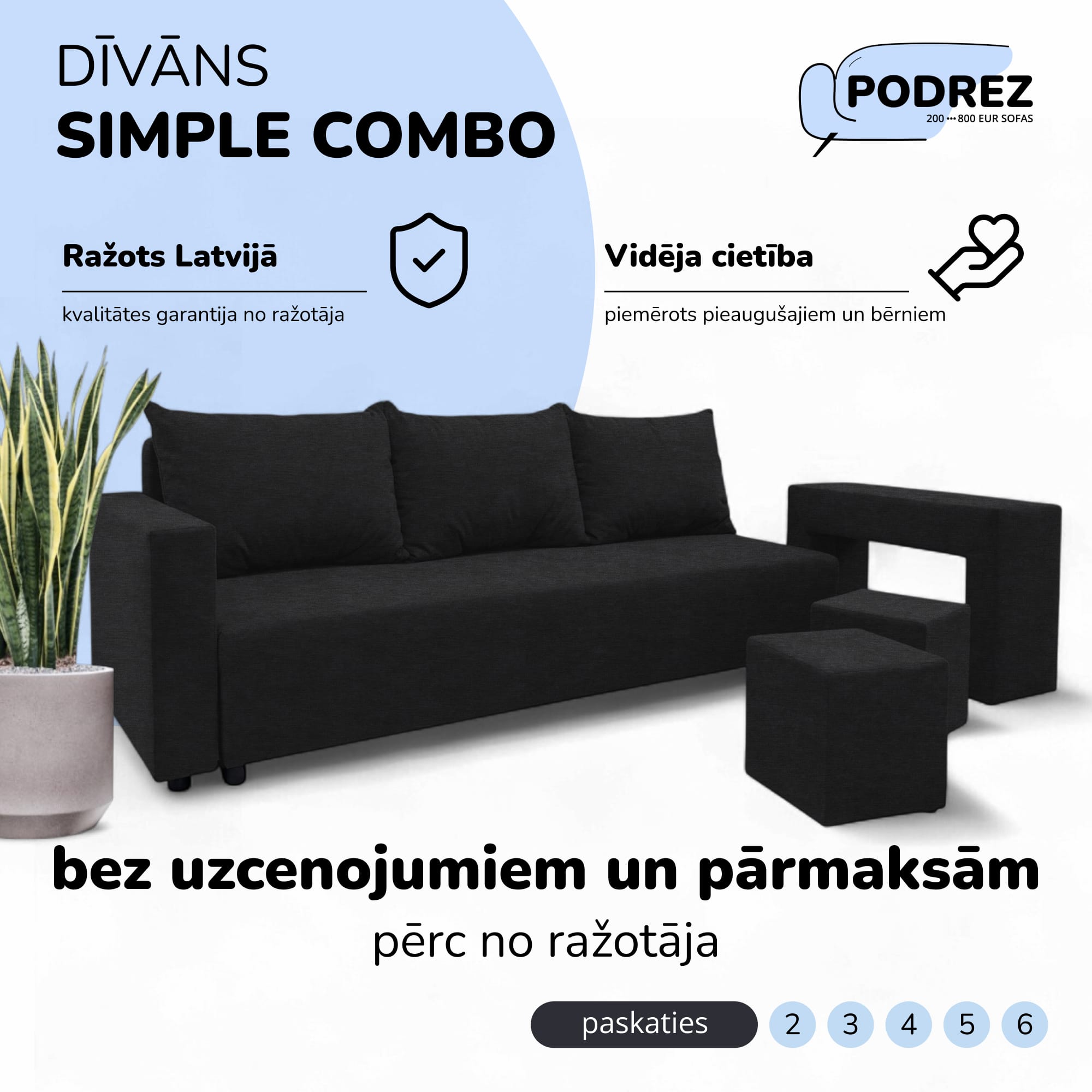 Divvietīgs izvelkamais dīvāns ar galdiņu un pufiem Grafīta - 1
