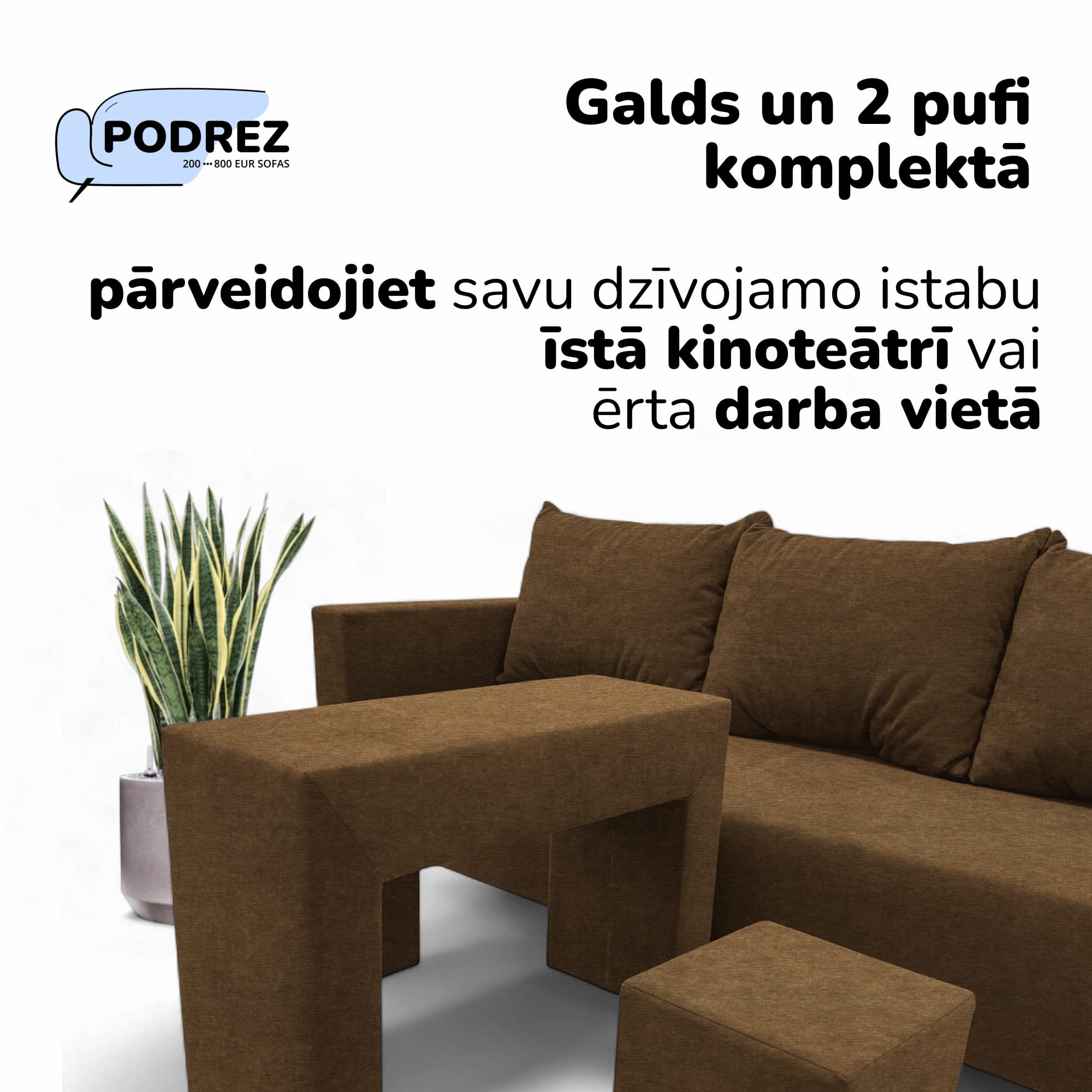 Divvietīgs izvelkamais dīvāns ar galdiņu un pufiem Brūna - 2
