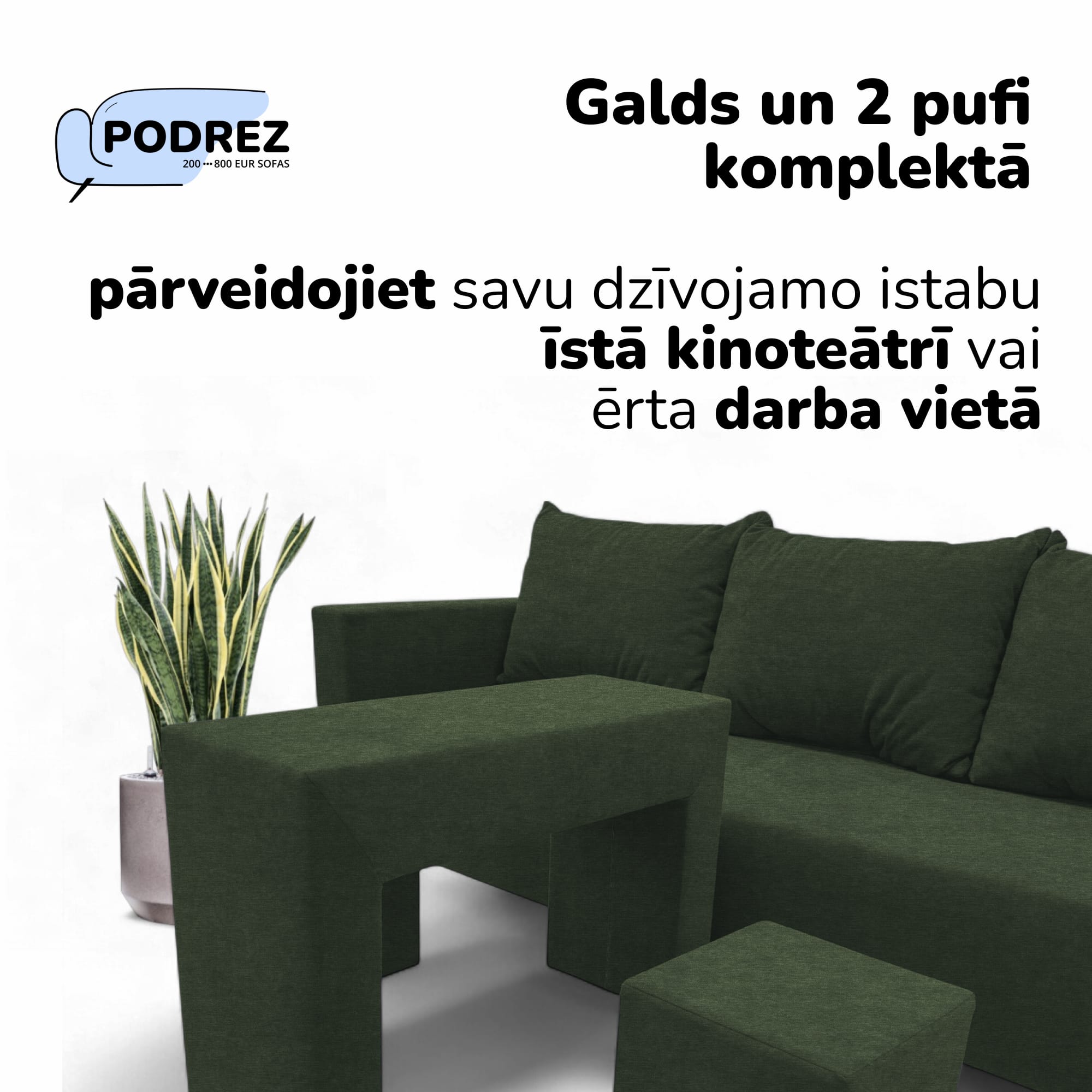 Double sofa bed bed with table and poufs Turquoise green - 2