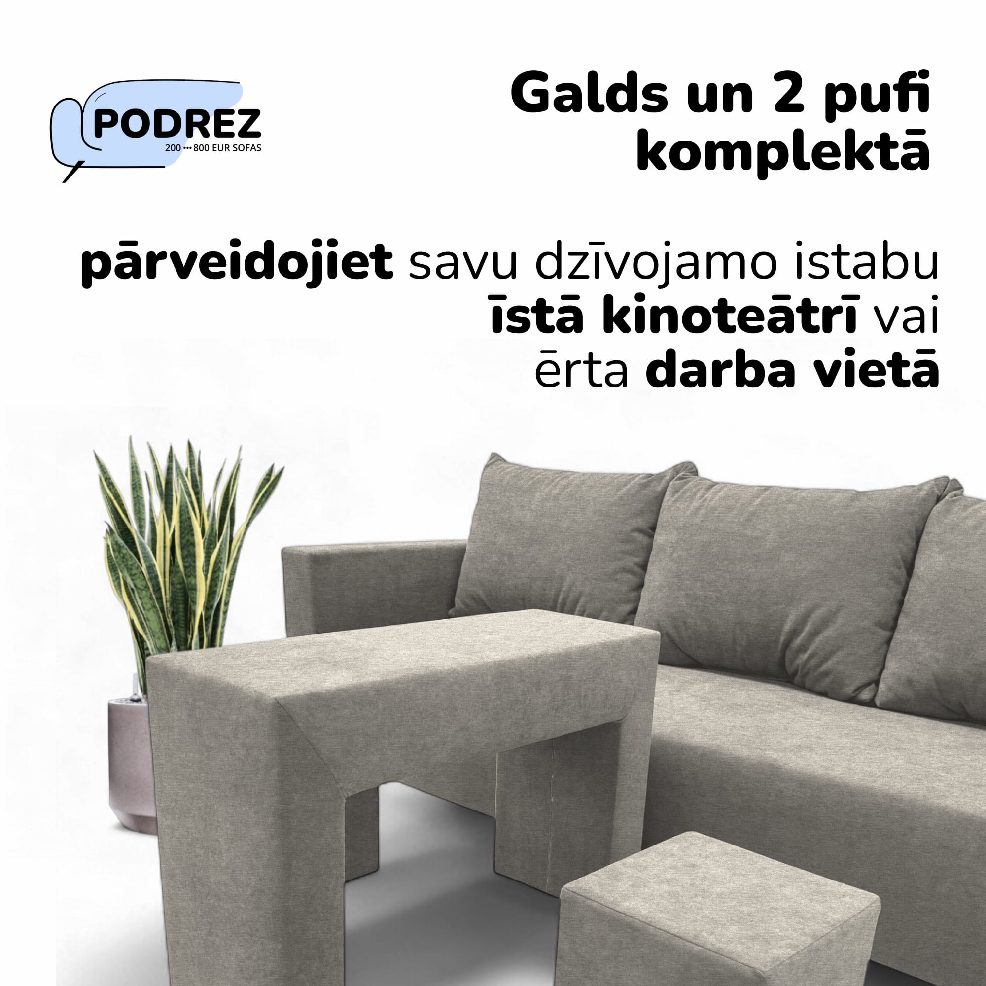 Divvietīgs izvelkamais dīvāns ar galdiņu un pufiem Gaiši pelēka - 2