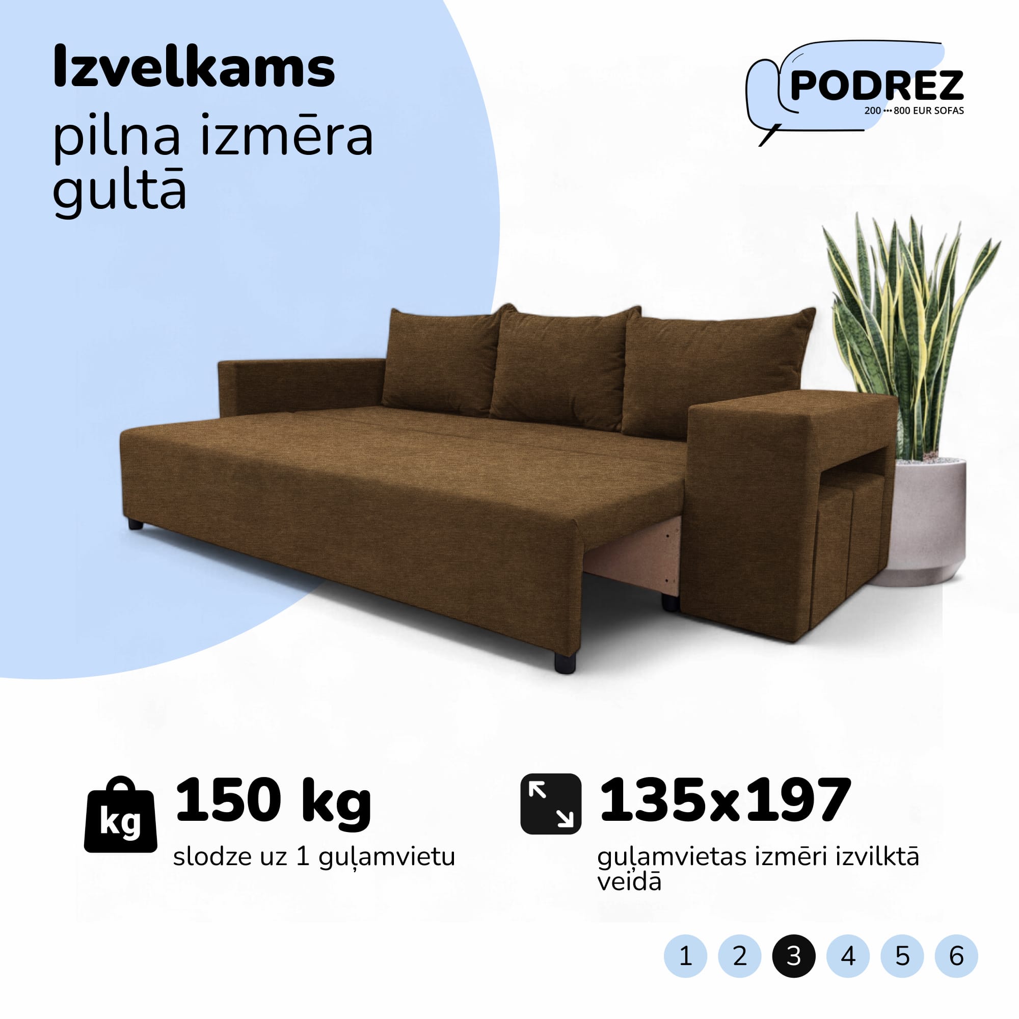 Divvietīgs izvelkamais dīvāns ar galdiņu un pufiem Brūna - 4