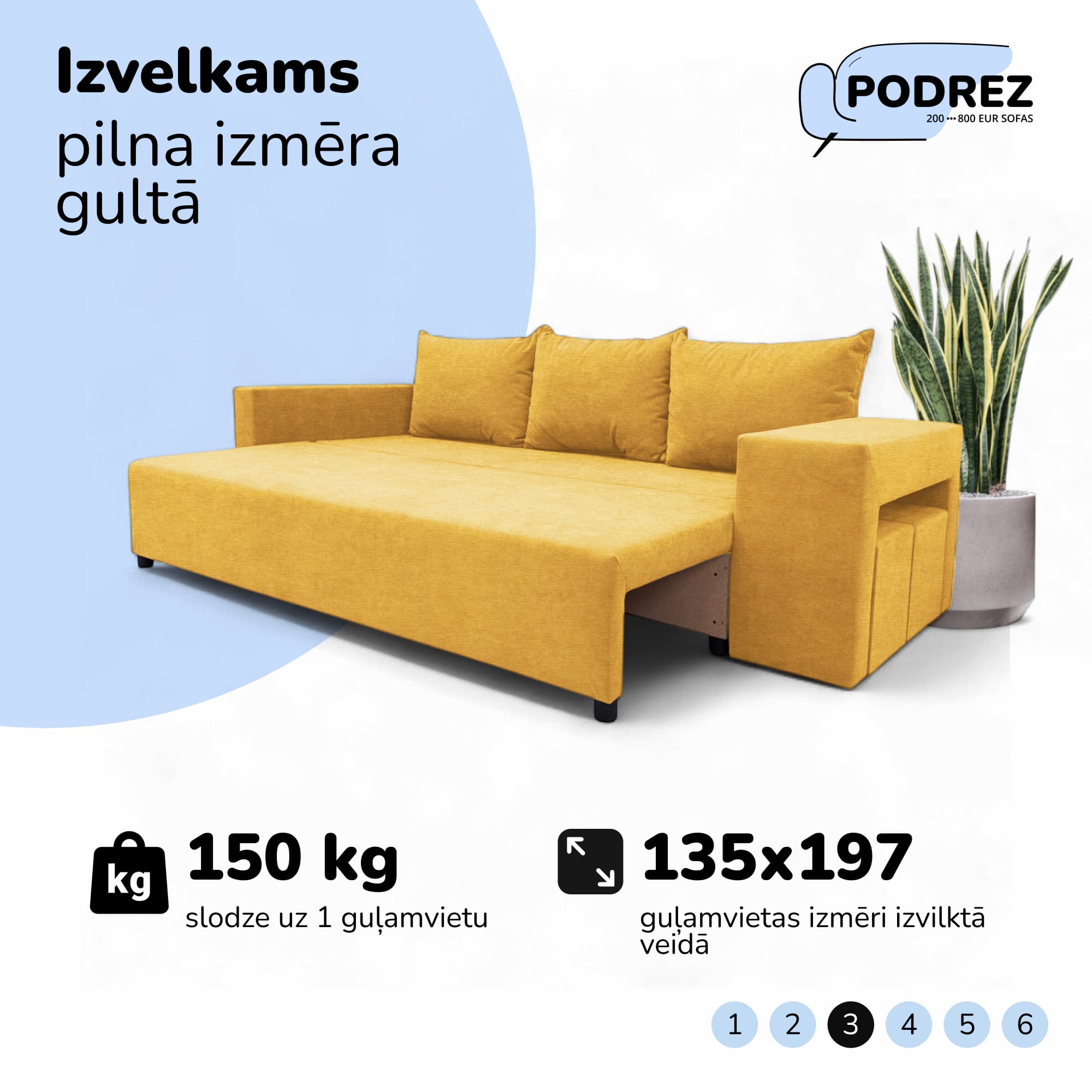 Divvietīgs izvelkamais dīvāns ar galdiņu un pufiem Dzeltena - 4