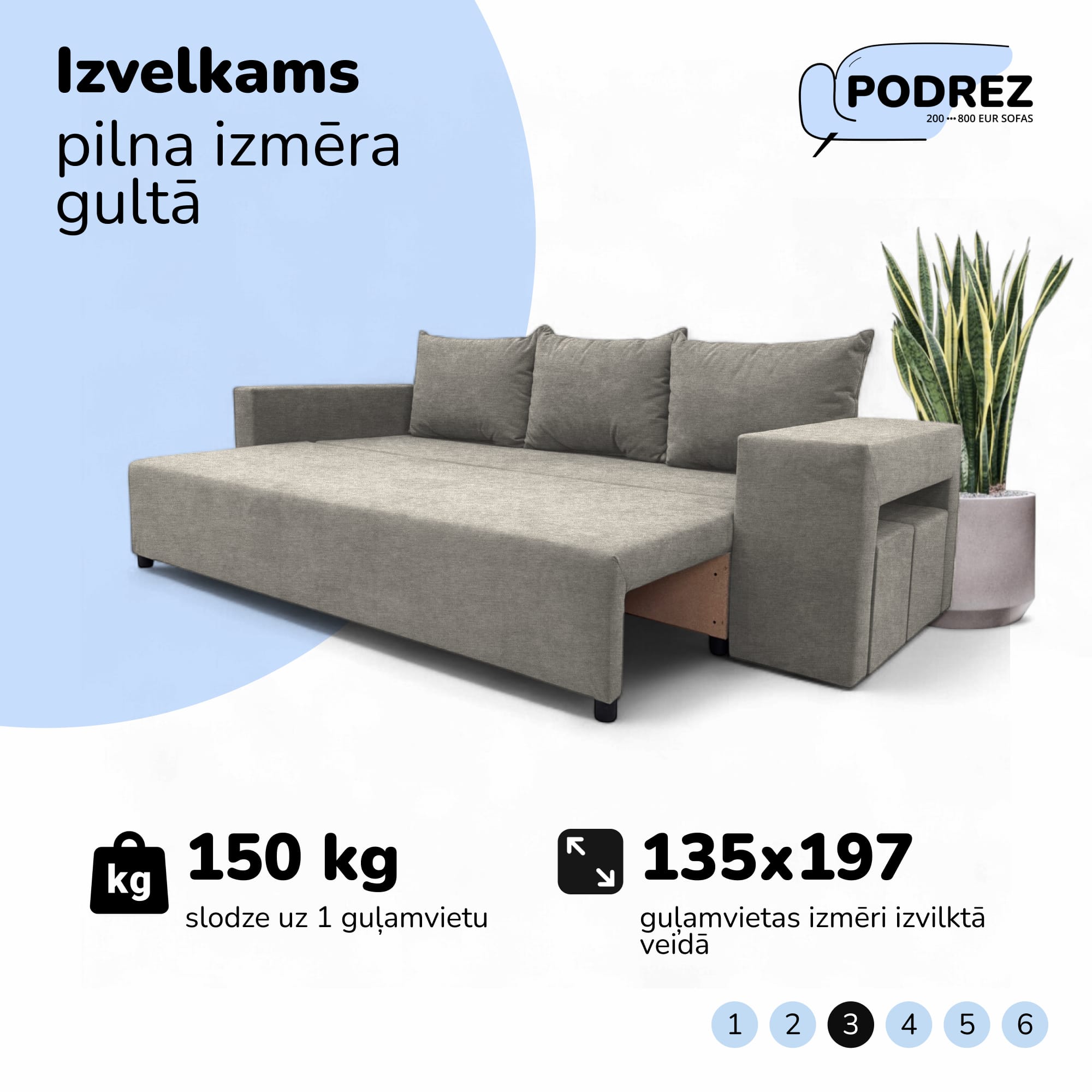 Divvietīgs izvelkamais dīvāns ar galdiņu un pufiem Gaiši pelēka - 4