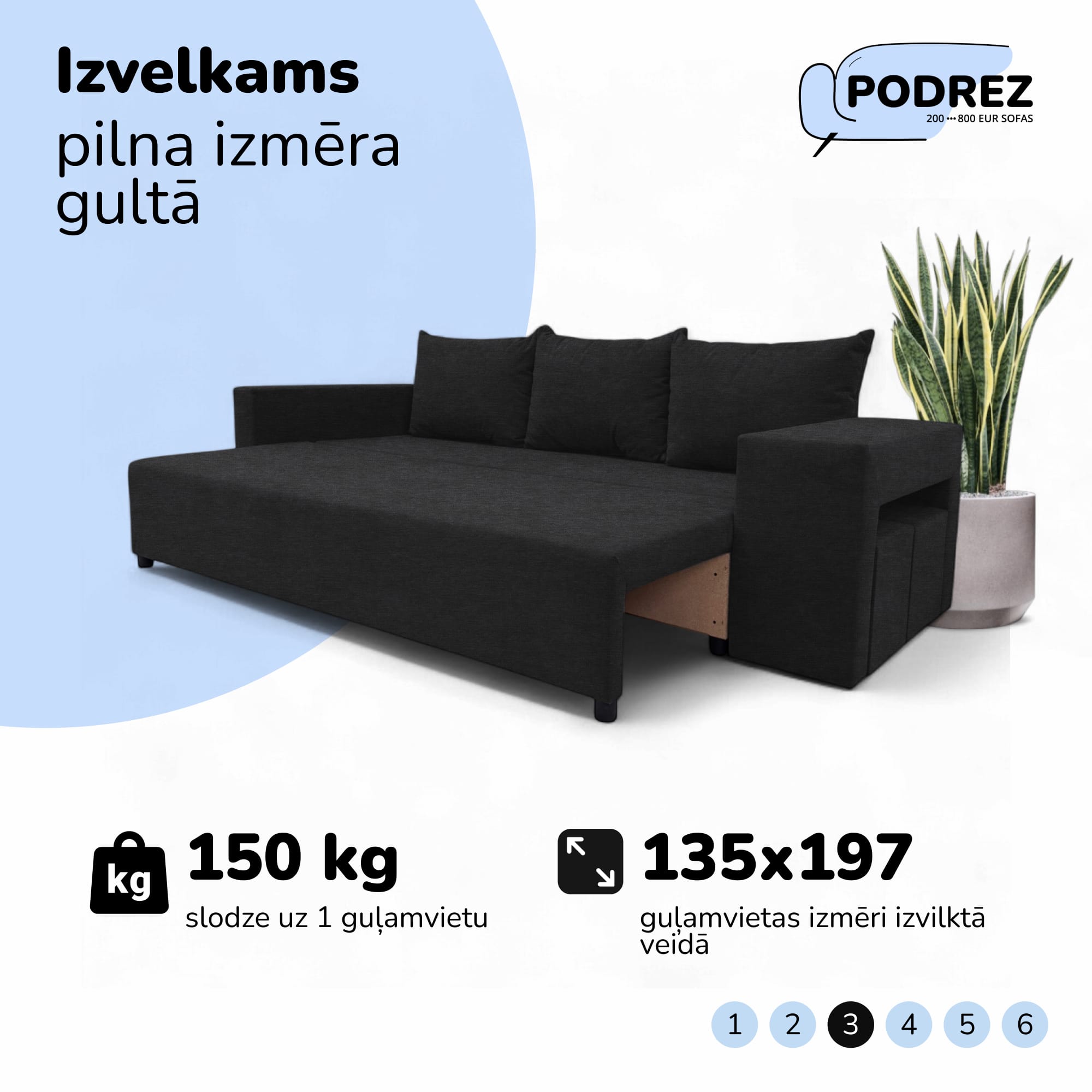 Divvietīgs izvelkamais dīvāns ar galdiņu un pufiem Grafīta - 4