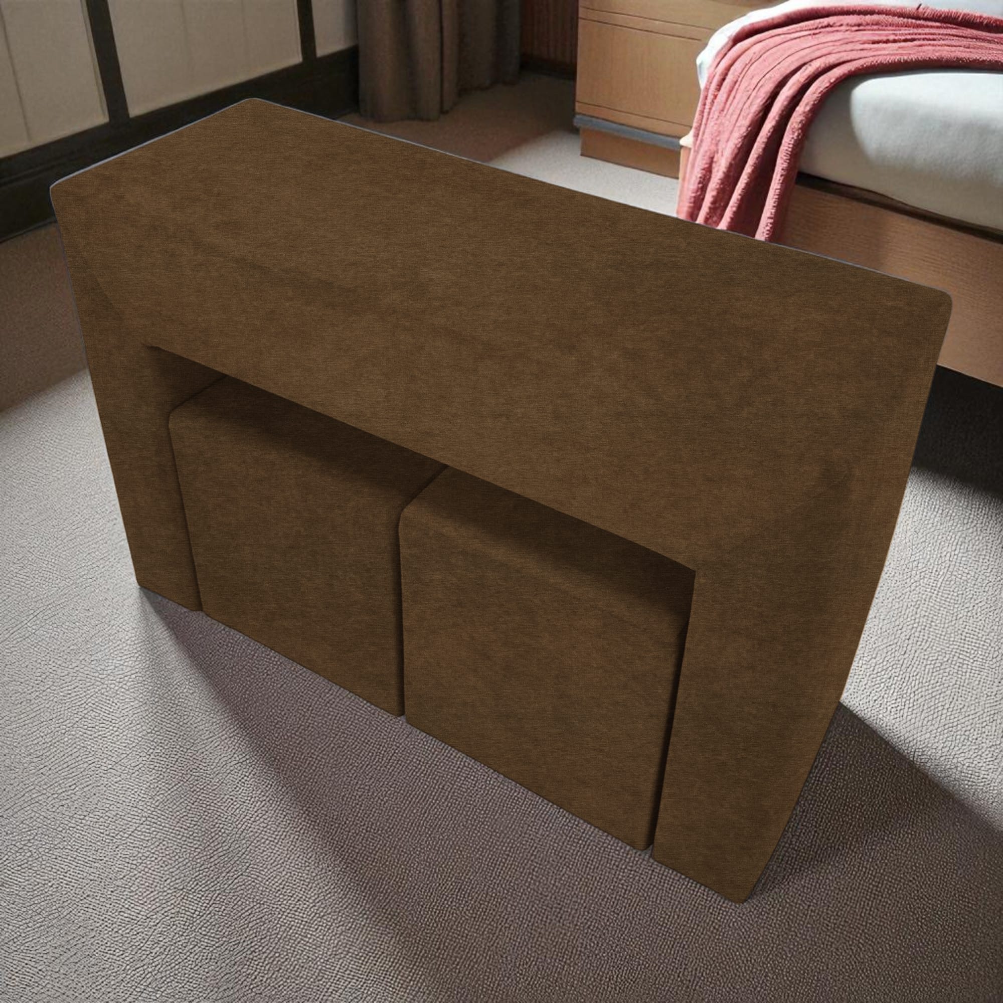 Table, armrest and two poufs Brown - 1
