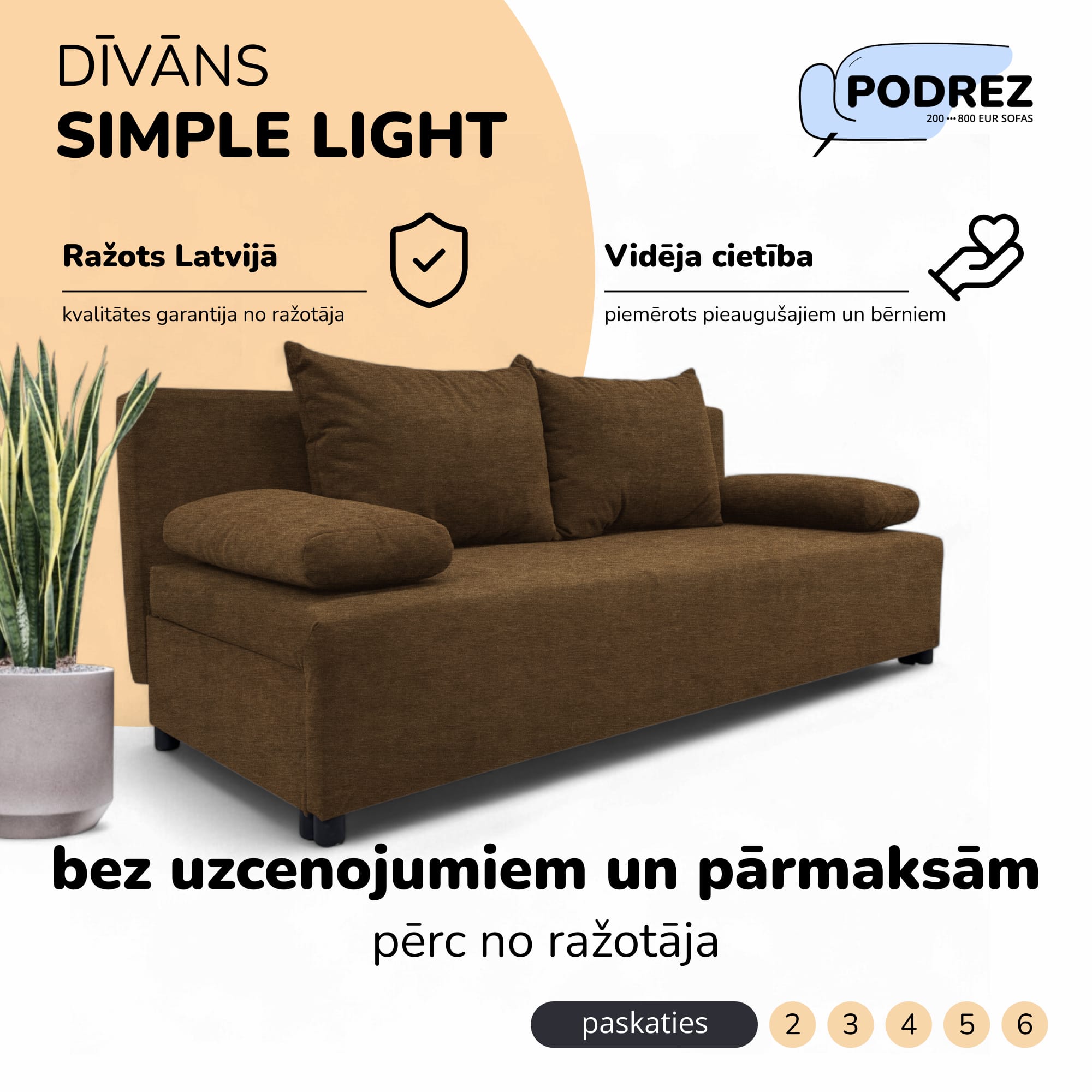 Divvietīgs izvelkamais dīvāns bez roku balstiem Brūna - 1