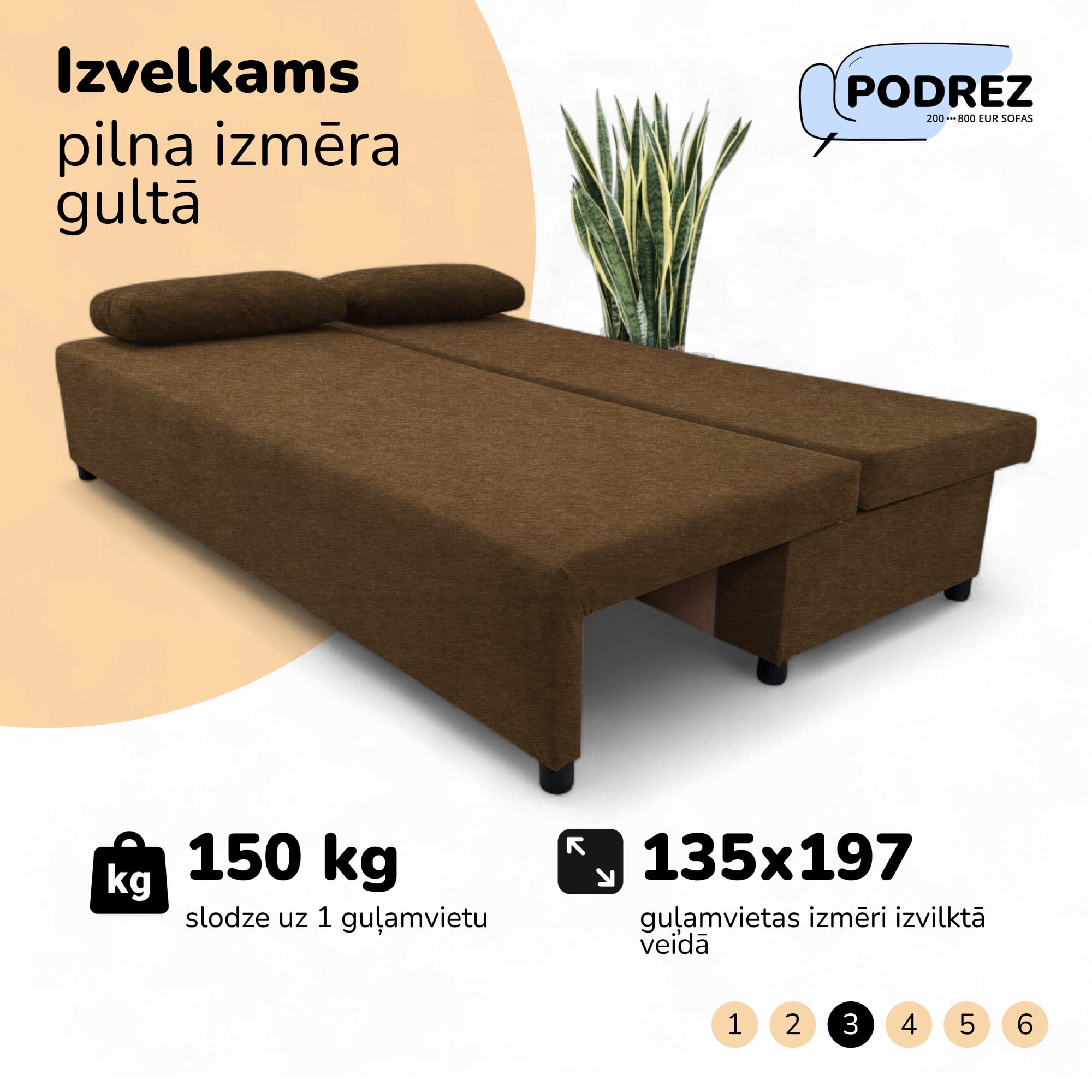 Divvietīgs izvelkamais dīvāns bez roku balstiem Brūna - 3