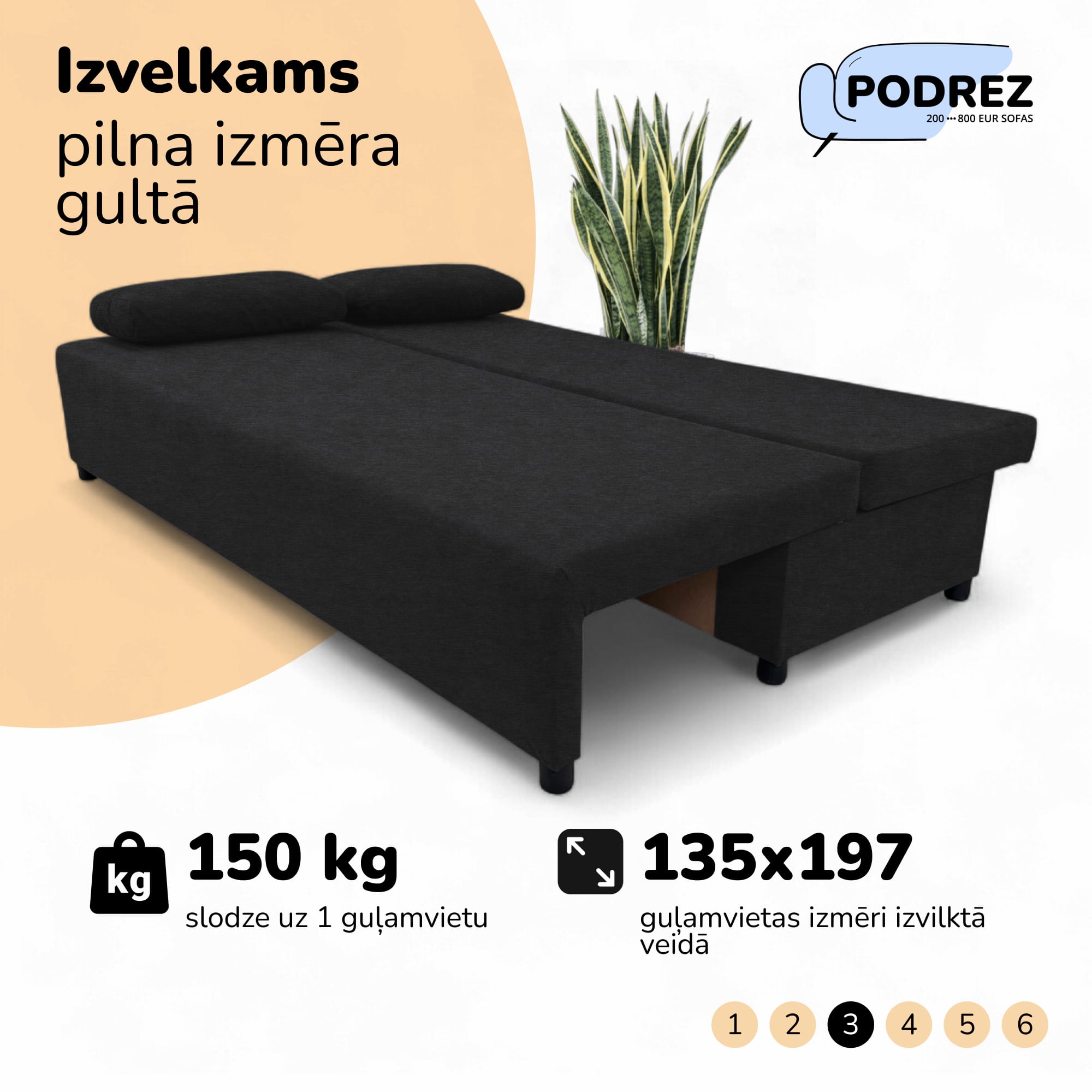 Divvietīgs izvelkamais dīvāns bez roku balstiem Grafīta - 3