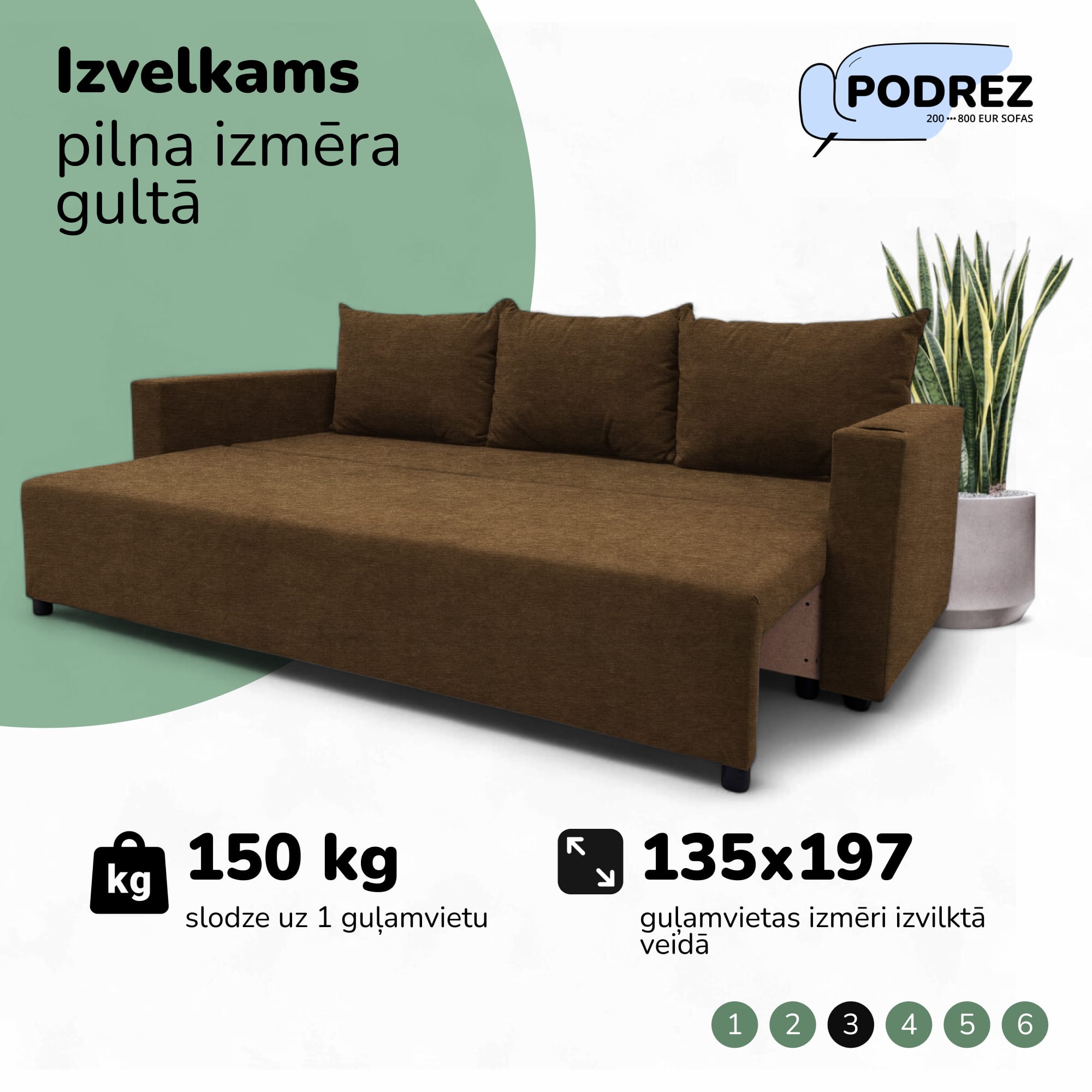 Klasisks dīvāns-gulta ar veļas kasti Brūna - 3