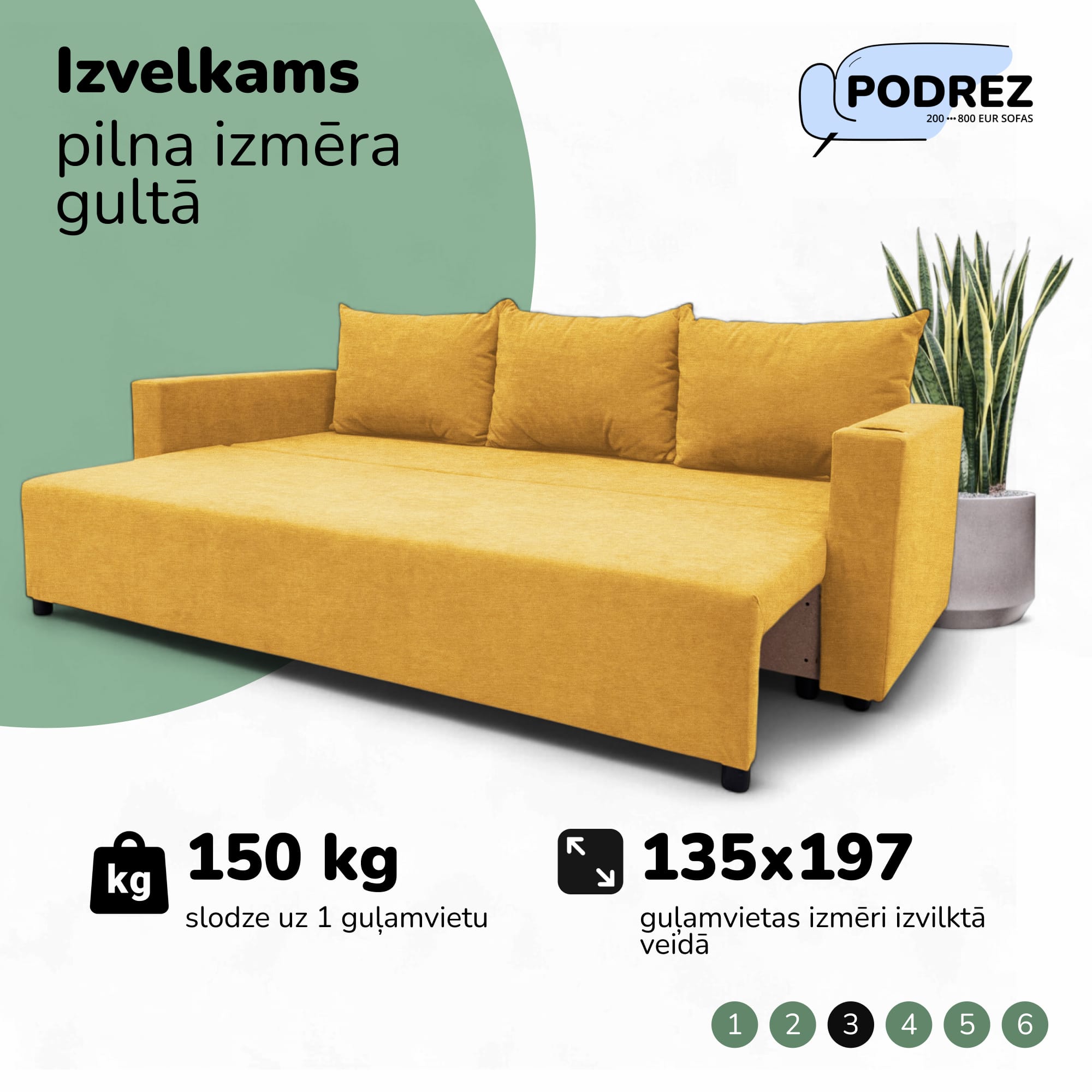 Klasisks dīvāns-gulta ar veļas kasti Dzeltena - 3