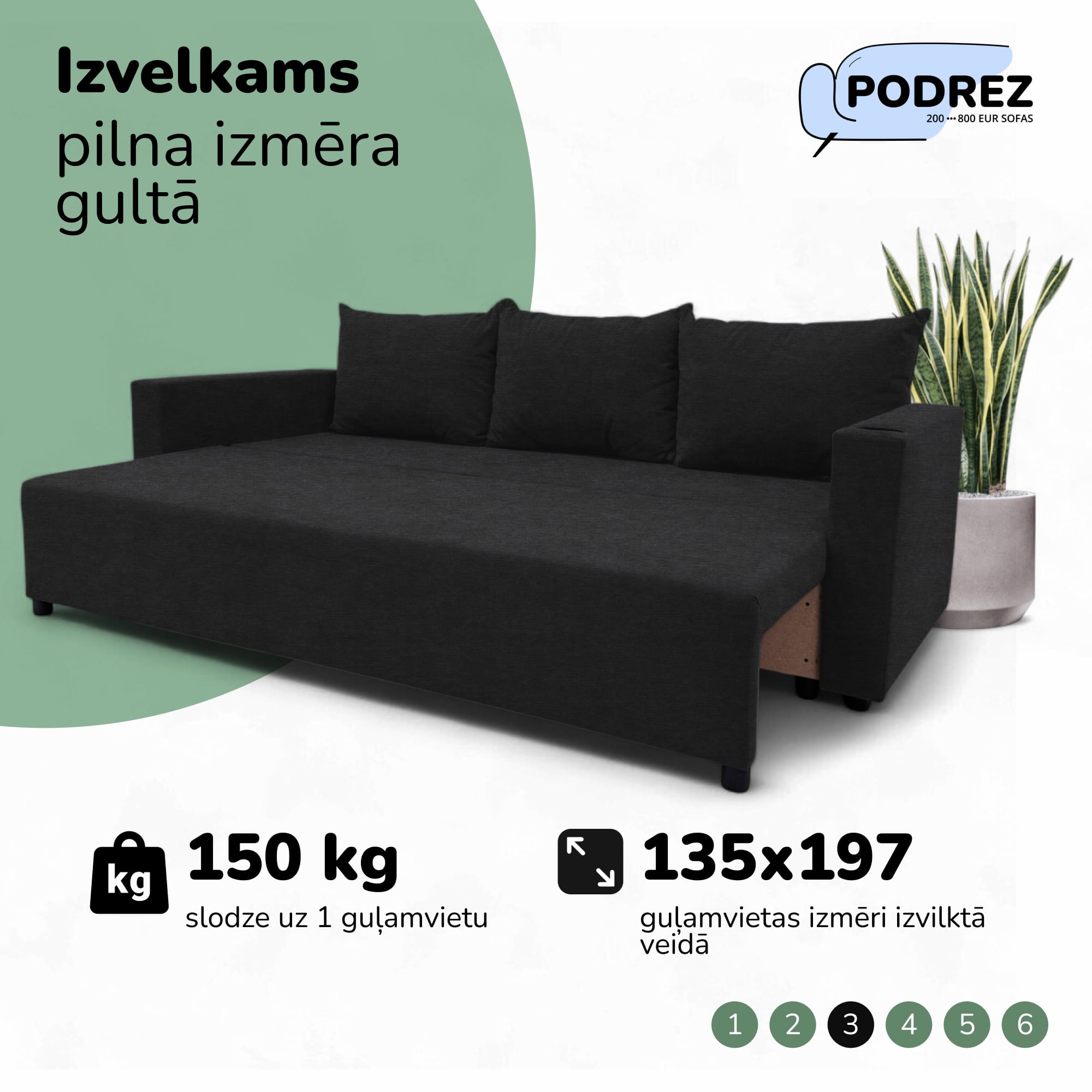 Klasisks dīvāns-gulta ar veļas kasti Grafīta - 3