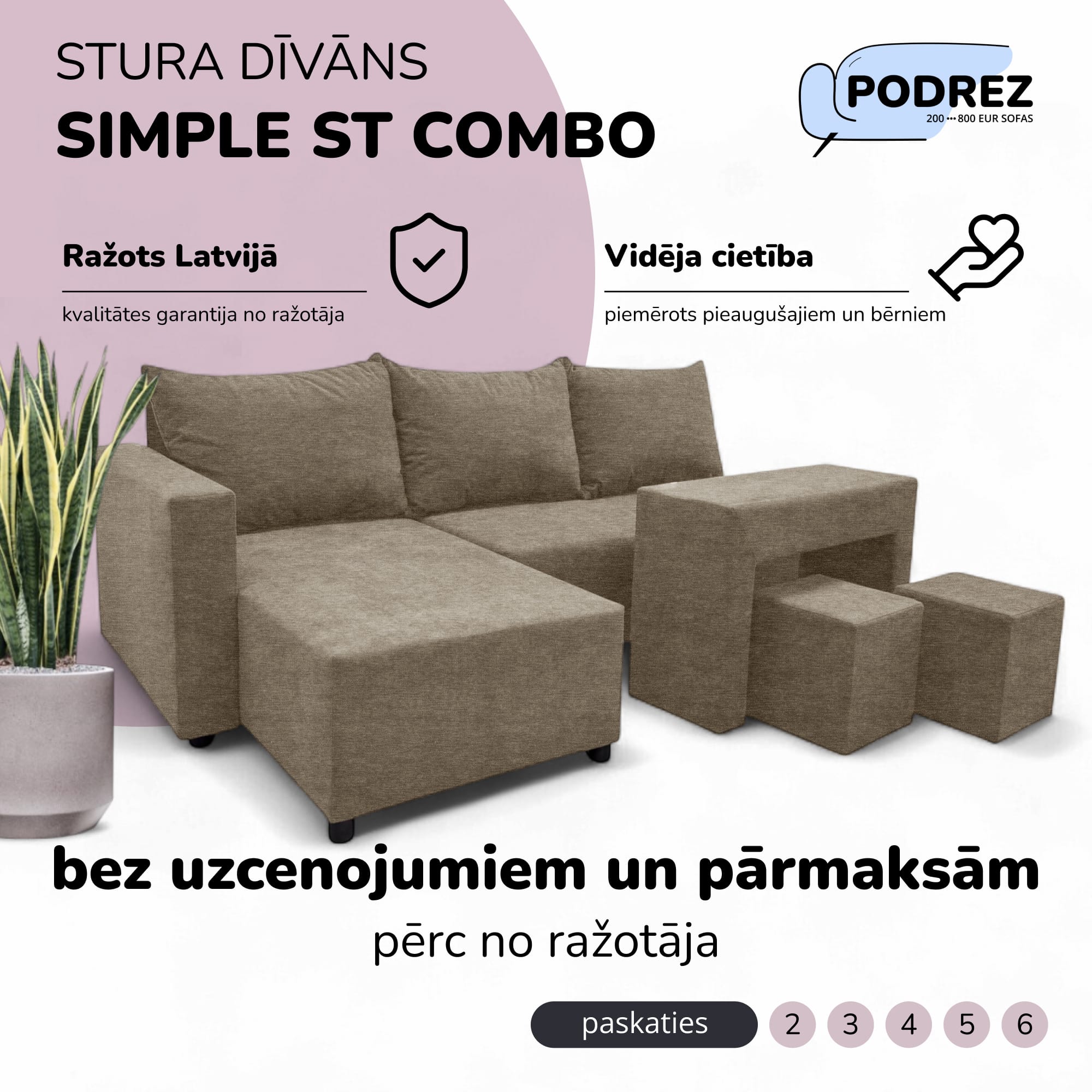 Stūra izvelkamais dīvāns ar galdiņu un pufiem Bēša - 1
