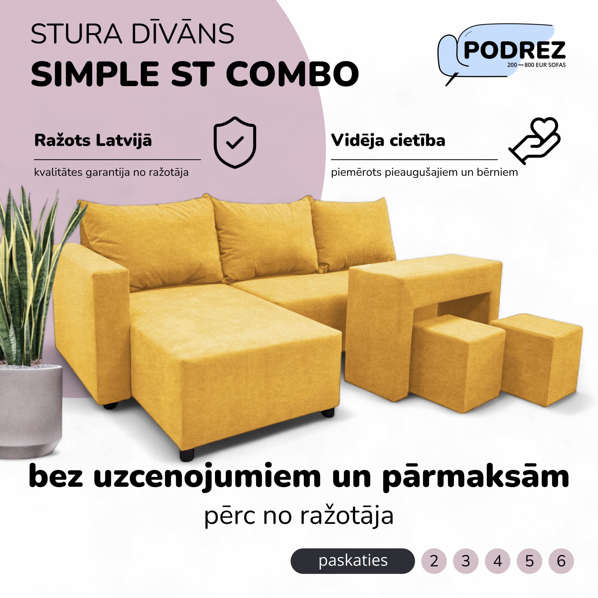 Stūra izvelkamais dīvāns ar galdiņu un pufiem Dzeltena - 1